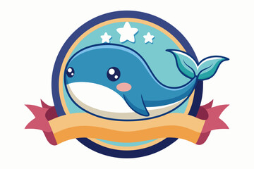 Obraz premium Cute Cartoon Whale with Stars and Ribbon