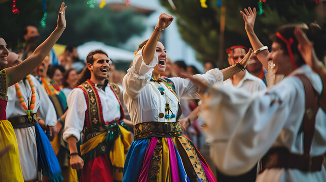 Traditional Greek dancers perform for a crowd of enthusiastic people, cheering and clapping joyously.