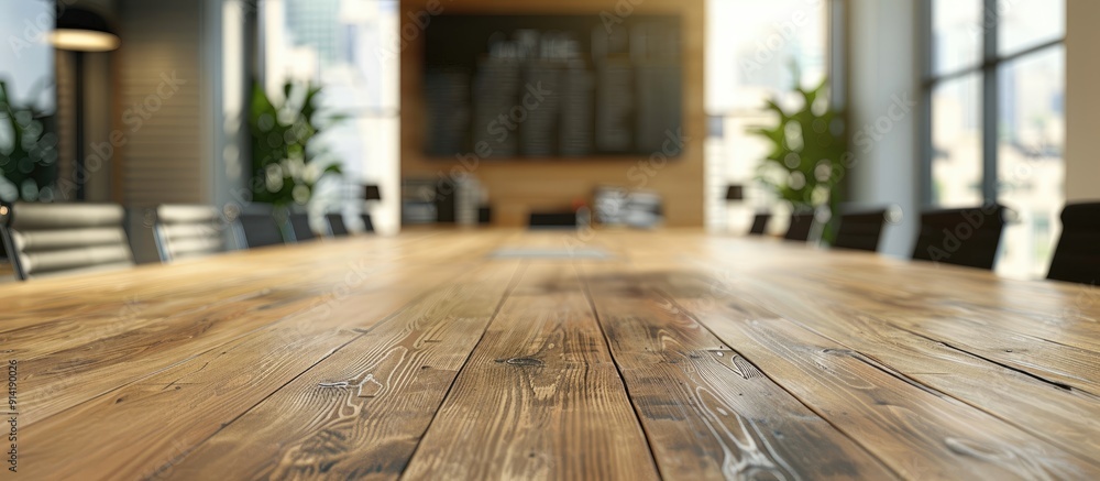 Sticker Wooden table in an office setting displaying an advertisement with blurred modern meeting space background in a copy space image