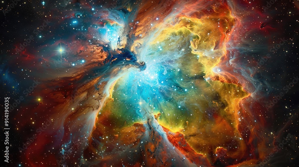 Poster a stunning cosmic nebula filled with vibrant colors and dynamic patterns, showcasing the beauty of d