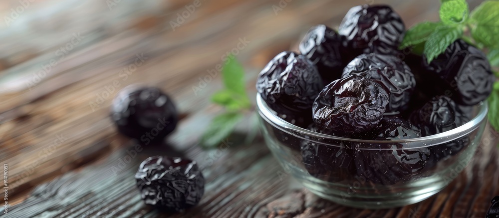 Aufkleber close up of delicious dried plums prunes arranged in a glass bowl with mint leaves on a wooden table