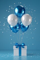 Gift Box with Blue and White Balloons and Confetti on Blue Background, Birthday Celebration Concept.