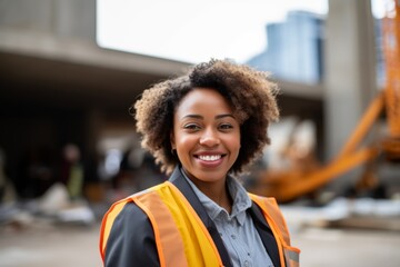 Fototapeta premium Smiling portrait of a young female African American architect on construction site
