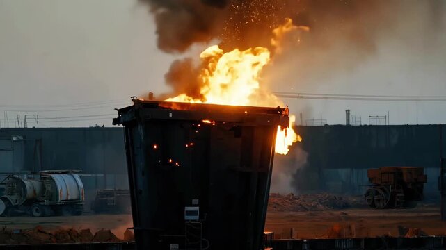 black dumpster is on fire, with smoke billowing out of it