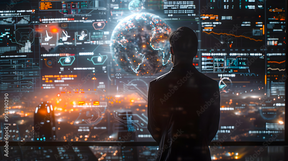 Poster the silhouette of a person looking at the hologram of a global world sphere and futuristic screens w