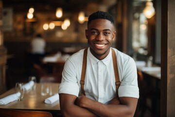 Fototapeta premium Portrait of a smiling young waiter at bar