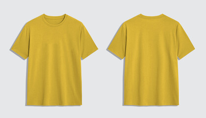 Blank yellow t shirt front and back, isolated on white background. Basic apparel mockup template.