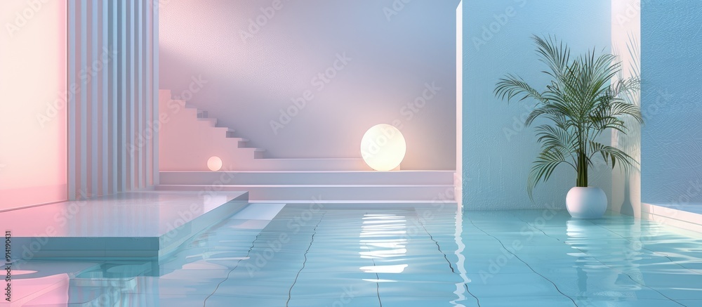 Poster an empty studio with a white rhombus and pastel water ideal for showcasing a tranquil atmosphere in 