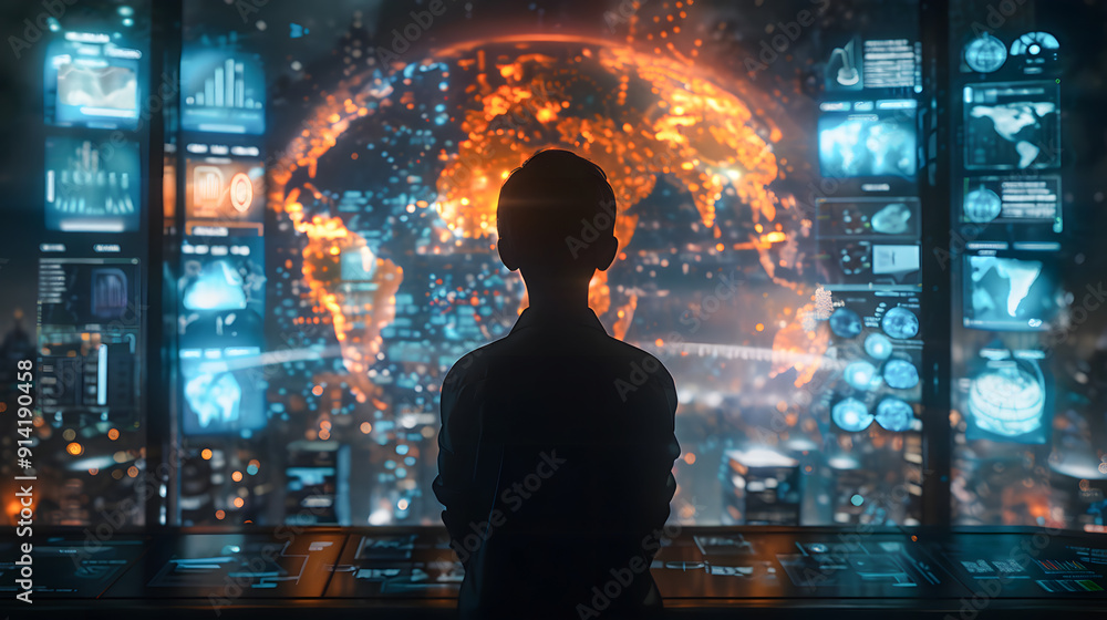 Poster the silhouette of a person looking at the hologram of a global world sphere and futuristic screens w