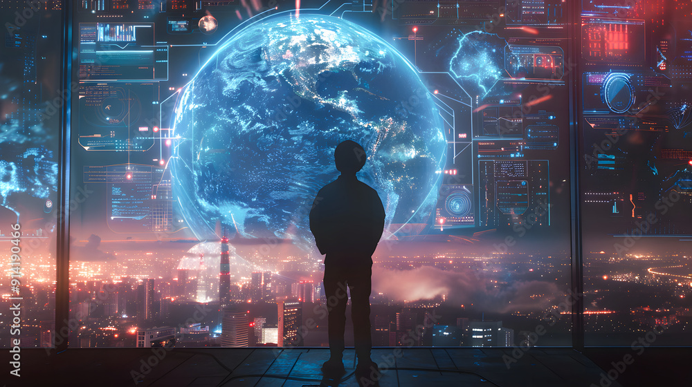 Poster the silhouette of a person looking at the hologram of a global world sphere and futuristic screens w