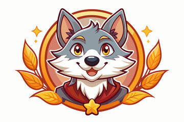 Friendly Cartoon Wolf with Autumn Leaves and Star