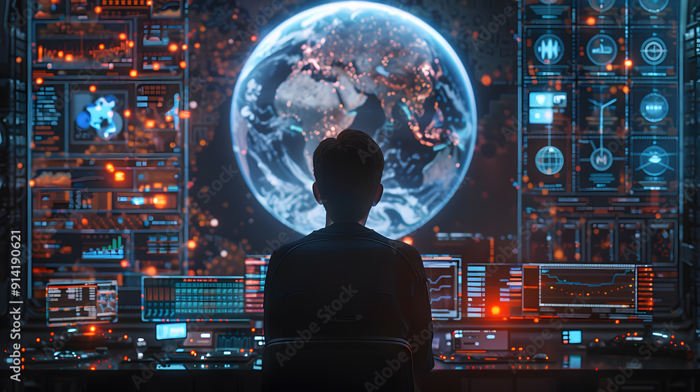 Poster the silhouette of a person looking at the hologram of a global world sphere and futuristic screens w