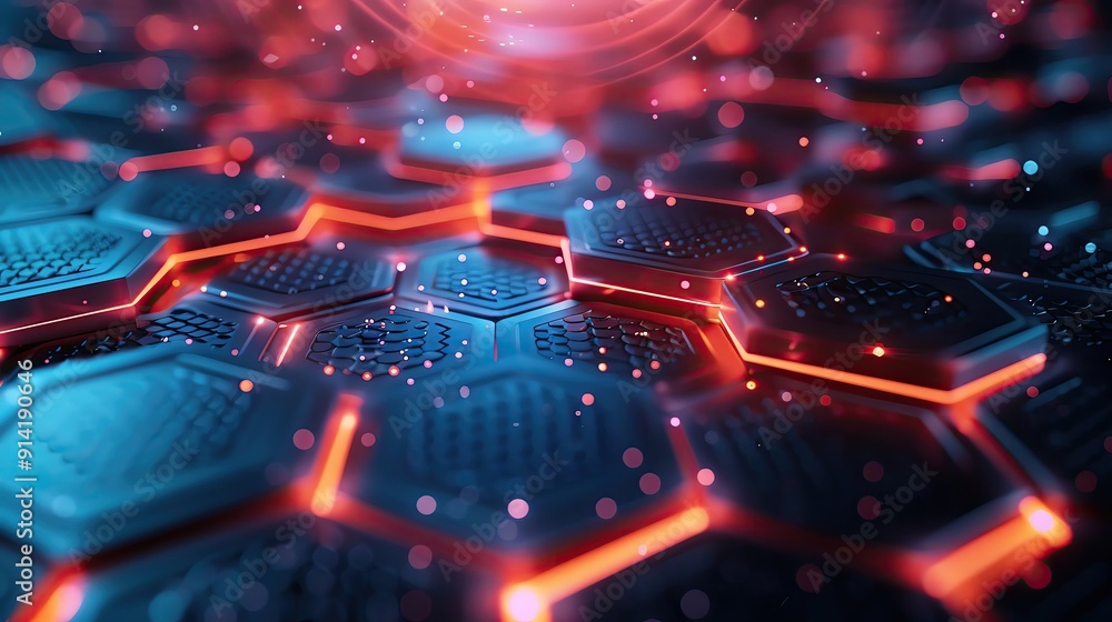 Poster a stunning close-up of illuminated hexagonal patterns, showcasing vibrant colors and a futuristic de