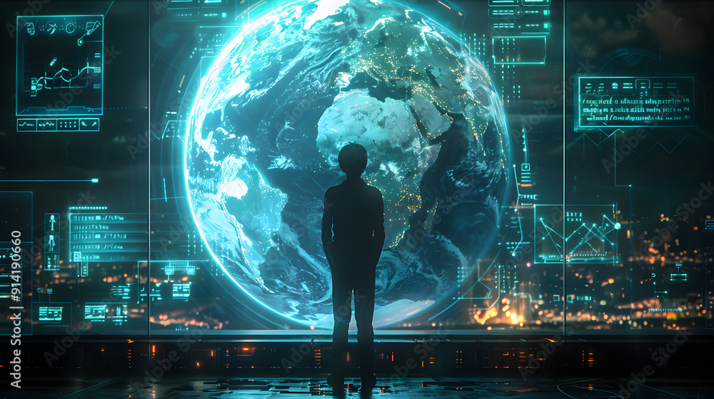 Poster the silhouette of a person looking at the hologram of a global world sphere and futuristic screens w
