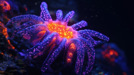 Glowing purple sea anemone opening on reef at night