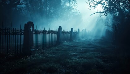 Obraz premium Spooky cemetery with fog and iron gate at night.