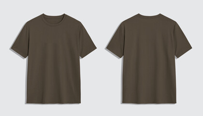 Two blank olive green t shirts mockup, front and back view, isolated on background.