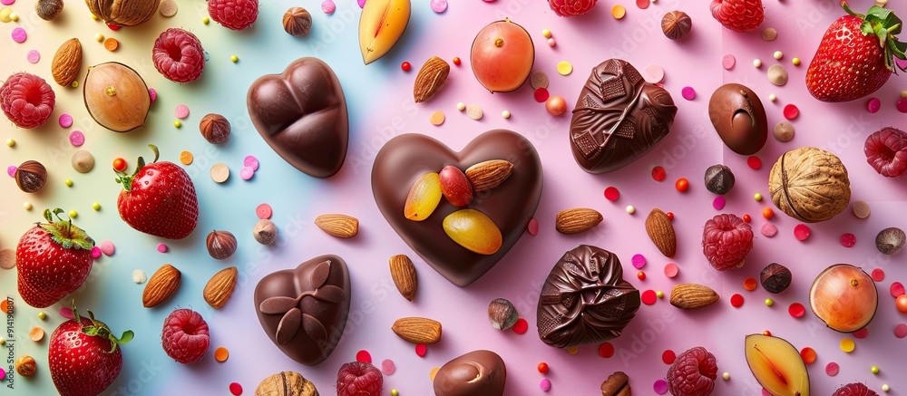 Poster Heart shaped chocolate sweets with fruits and nuts atop a colorful backdrop viewed from above suitable for holiday themes with copy space image