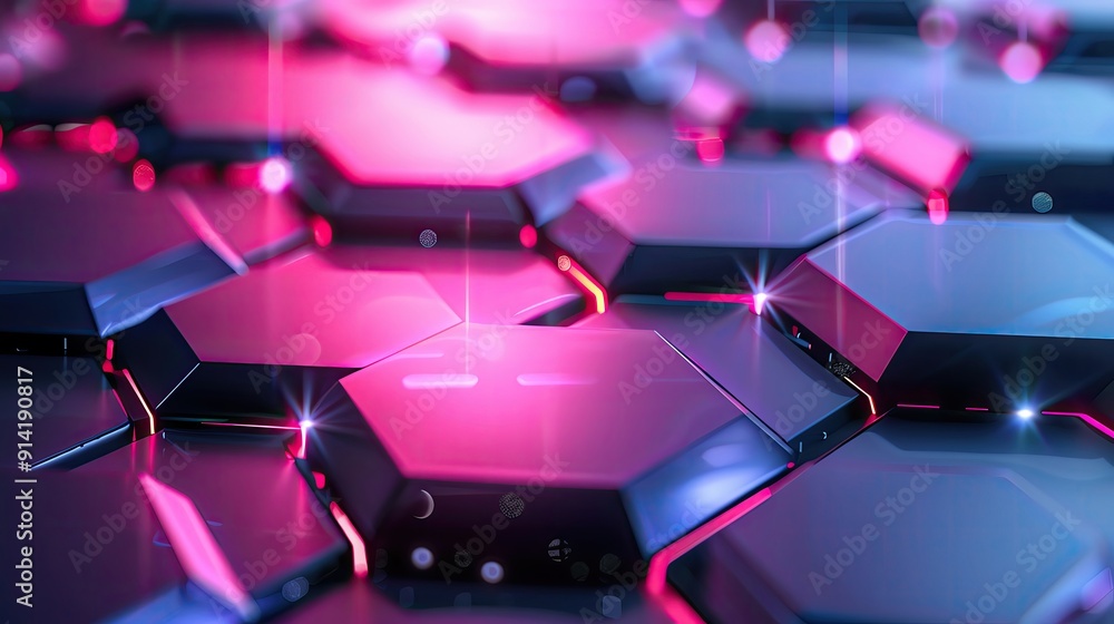 Poster close-up of a hexagonal pattern featuring glowing elements, blending technology and vibrant colors i