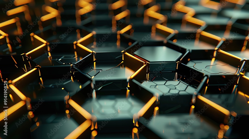 Poster a close-up of hexagonal shapes with glowing edges, showcasing a modern, futuristic design and intric