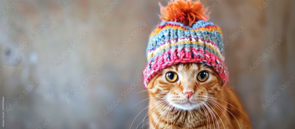 Poster a charming ginger tabby cat wearing a vibrant winter hat poses for the camera against a simple backg