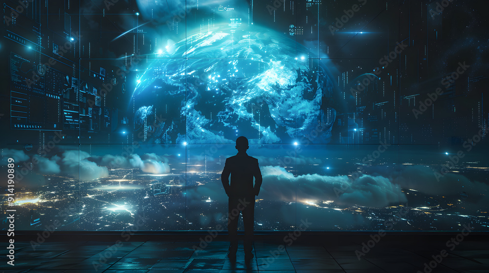 Poster the silhouette of a person looking at the hologram of a global world sphere and futuristic screens w