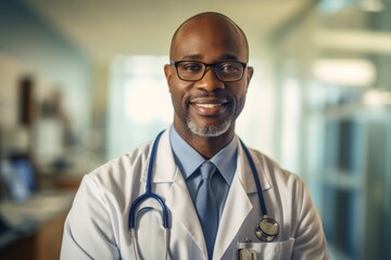 Obraz premium Smiling portrait of a middle aged male doctor in hospital