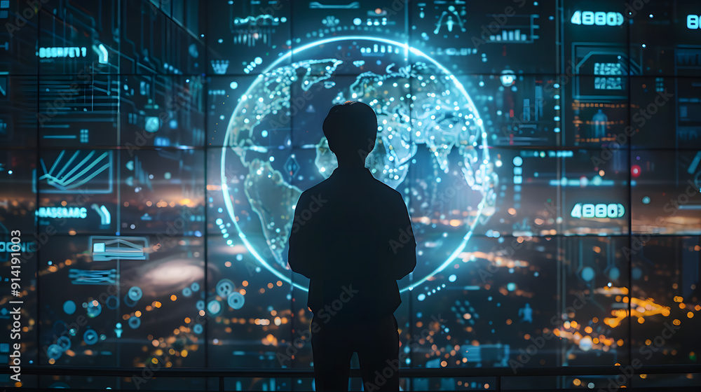 Poster the silhouette of a person looking at the hologram of a global world sphere and futuristic screens w