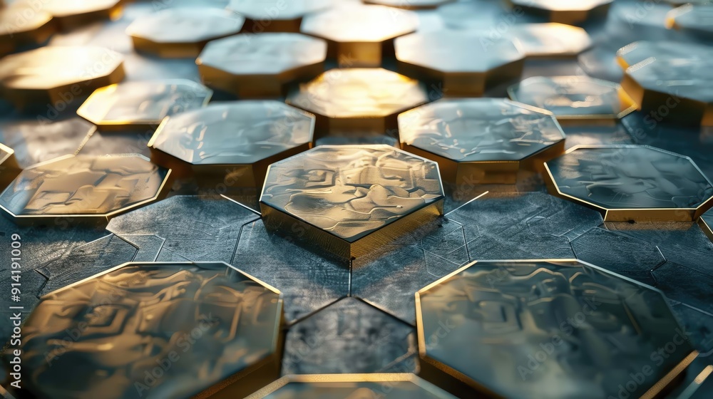 Poster a close-up view of hexagonal gold coins with intricate designs, showcasing their shiny surface and u