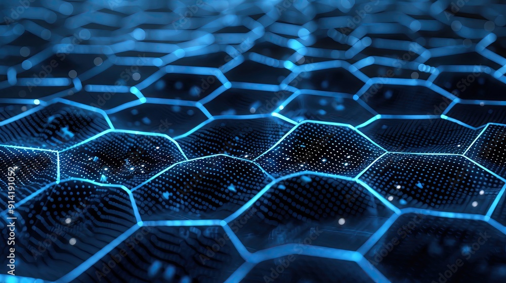 Poster a close-up view of a blue hexagonal grid texture showcasing futuristic digital patterns and connecti