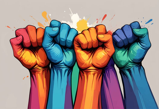 United Colors of Determination: A Vibrant Display of Clenched Fists Raised in Solidarity and Strength