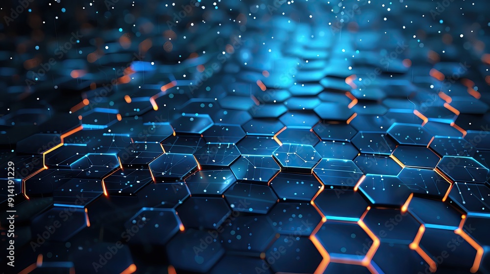 Poster vibrant hexagonal pattern with glowing edges, creating a futuristic, tech-inspired atmosphere. ideal