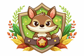 Cute Cartoon Wolf Holding a Star in a Shield with Autumn Leaves