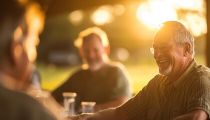 A diverse group of veterans sharing stories and camaraderie at a local veterans center, surrounded by memorabilia and photographs from their service