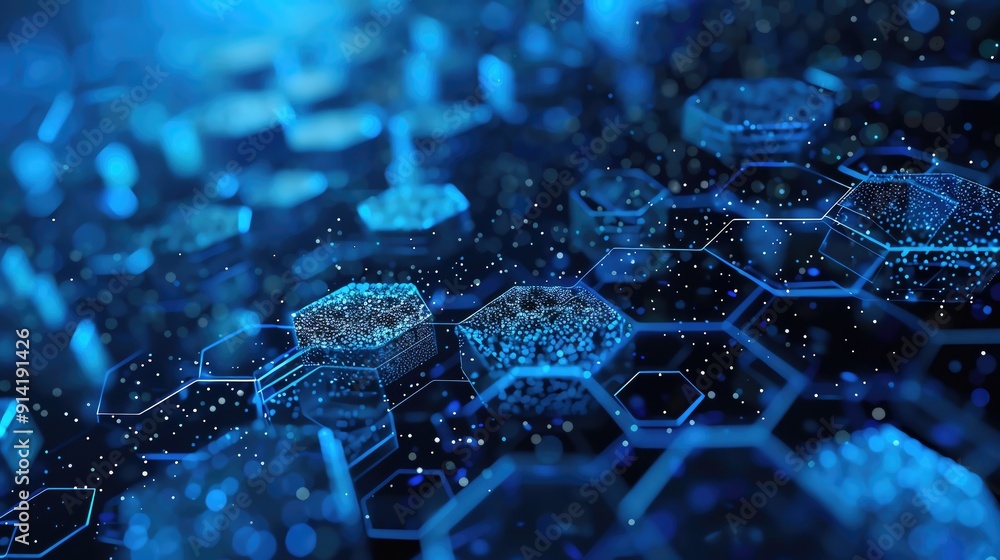 Poster a vibrant blue abstract representation of hexagonal shapes, showcasing intricate patterns and glowin
