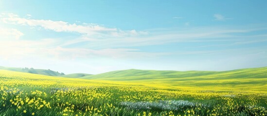 Fototapeta premium A scenic landscape with a vibrant yellow field lush green hill and clear blue sky perfect for a copy space image