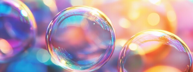 Soap bubbles floating with rainbow colors reflecting light in background