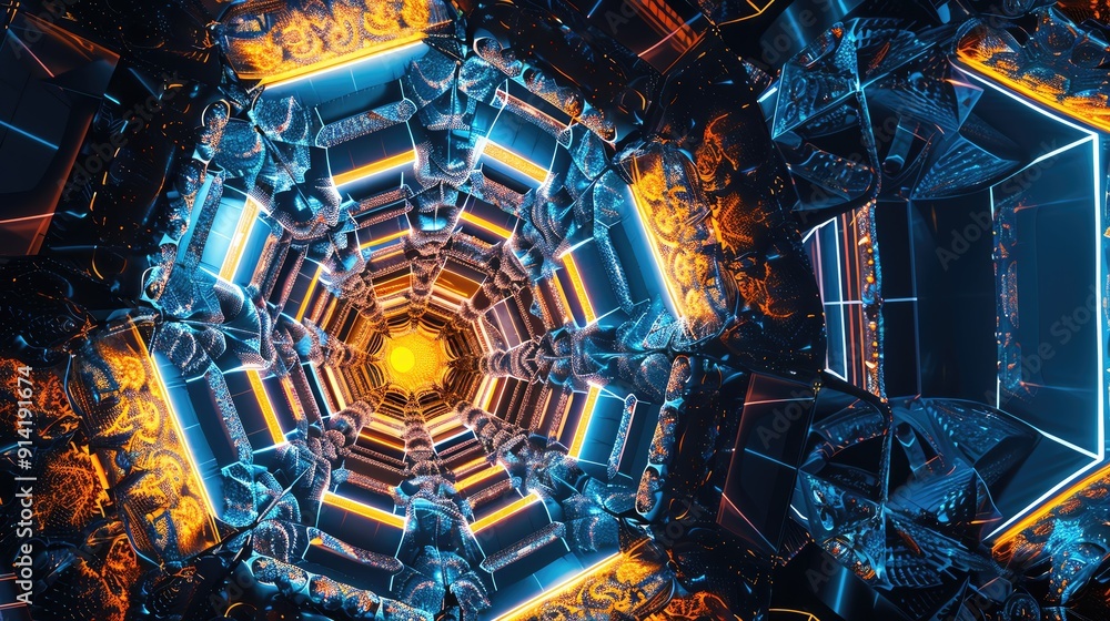Poster an abstract digital artwork featuring a futuristic hexagonal tunnel with vibrant colors and glowing 