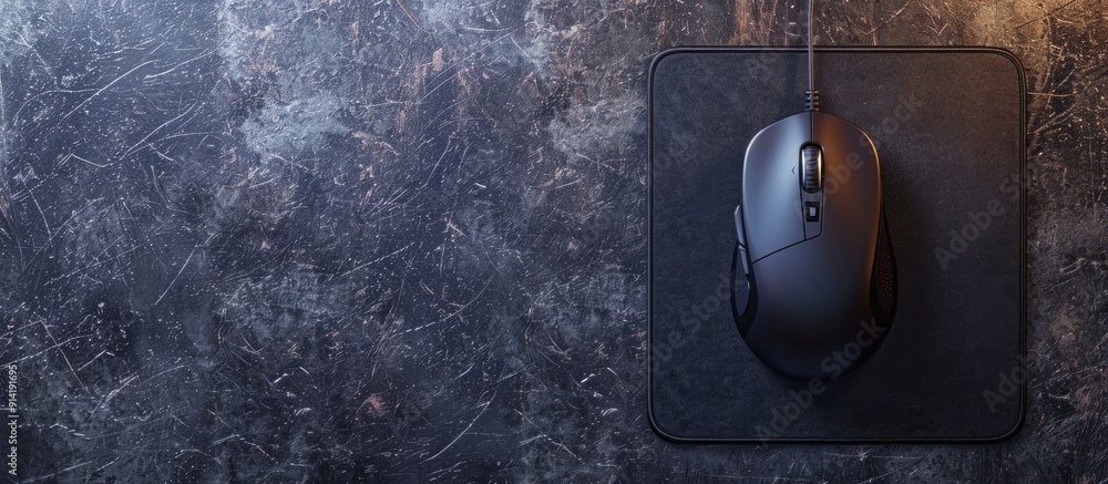 Poster top down view of a wired mouse on a mousepad placed on a lightly textured table with an area availab