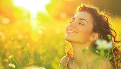 Fototapeta premium Beautiful Relaxed Woman Enjoying Peace. Face To Sun Light. Skincare, Wellness, Beauty, Spa Concept.