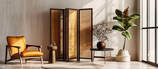 Living room interior featuring a folding screen armchair table and ample copy space image