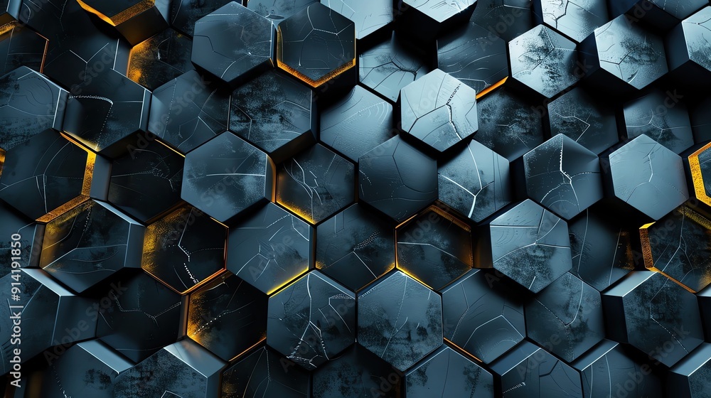 Poster Stylized hexagonal pattern with glowing edges, showcasing a modern and abstract design in dark tones, perfect for digital backgrounds.