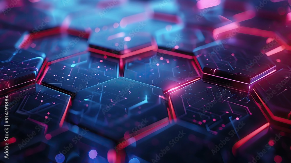 Poster futuristic hexagonal pattern illuminated with vibrant blue and pink lights, perfect for technology a