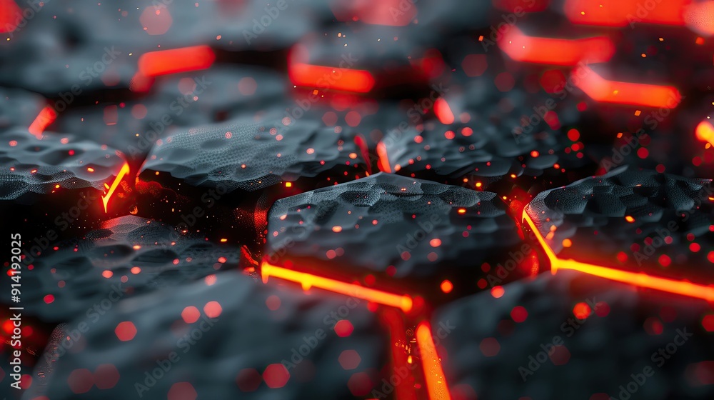 Poster close-up of glowing hexagonal surface with vibrant red highlights and dark textures, creating a mesm