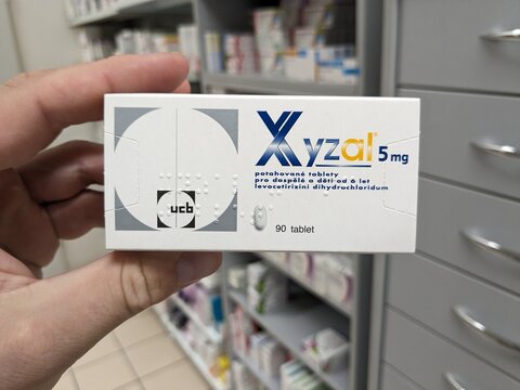 Prague,Czech Republic-August 7 2024: XYZAL box of medication with LEVOCETIRIZINE active substance by UCB,used for treatment of allergies,hay fever.

