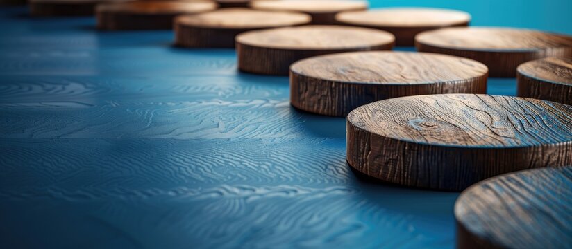 Flexibility symbol depicted on attractive wooden circles against a stunning blue backdrop in a representation of the concept for business flexibility with copy space image