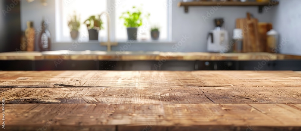 Poster a wooden countertop in the foreground with a clear background ideal for showcasing products or image