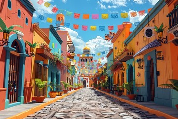 Obraz premium Origami Paper Illustration of Zimapán Street with Festive Decorations