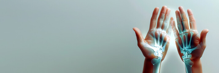 World Radiography Day. Human hands with x-ray of bones on top. Grey background. Horizontal banner for a medical clinic. Copy space. International Day of Radiology. World patient safety day