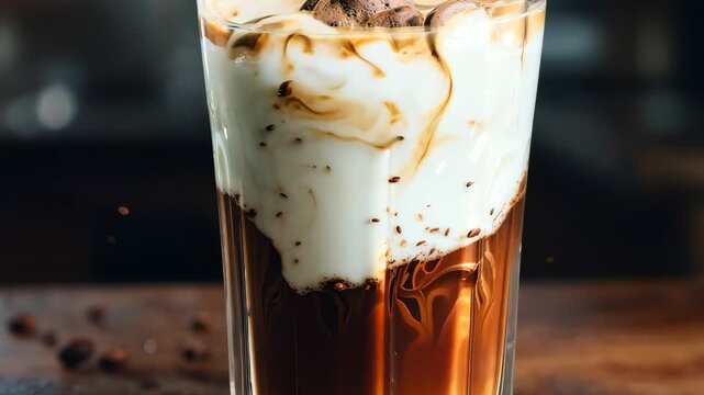 Iced coffee with milk swirl in glass on wooden table, close-up. Refreshing cold beverage concept